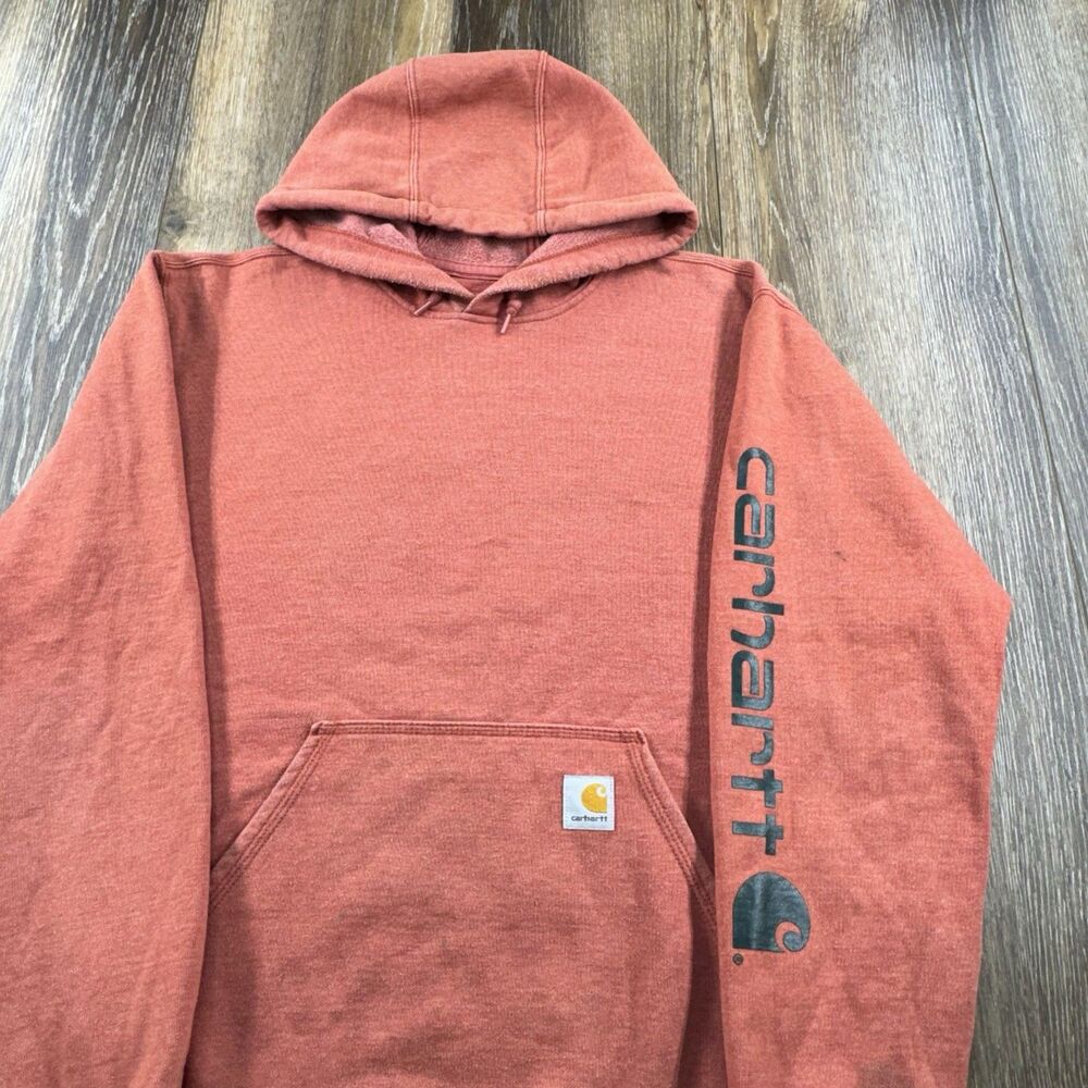 Carhartt Hoodie Mens M Orangish Salmon Sweatshirt Workwear Spellout Sweater